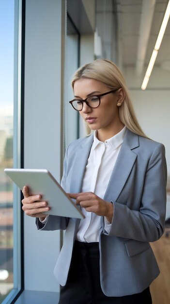 Photo blond businesswoman using tablet pc standing by window at office