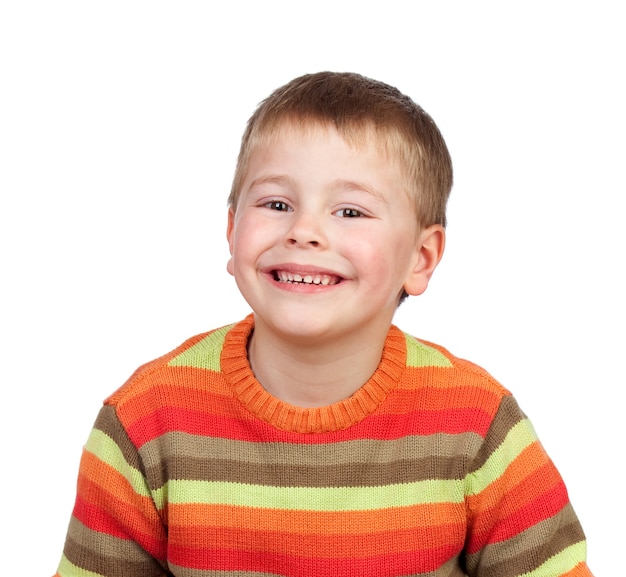 Blond child wih a red and  orange jersey isolated on a white background