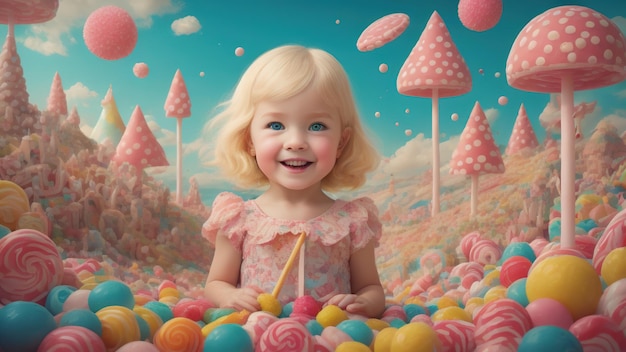 Blond cute happy little kid girl in candy land Generative AI