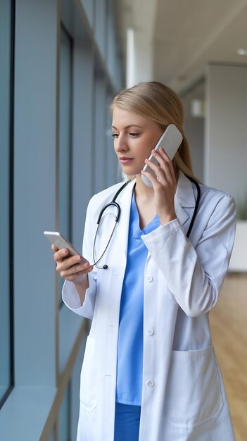 Blond female doctor listening to voicemail through smart phone speaker standing by window in hospit