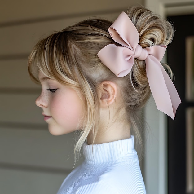 Photo blond girl with a pink bow in her hair