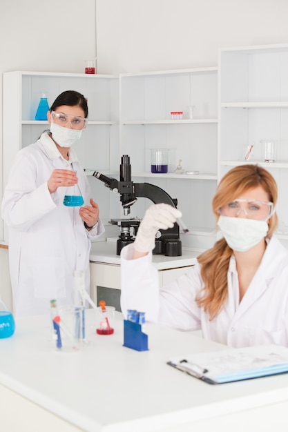 Blond-haired and dark-haired scientists conducting an experiment