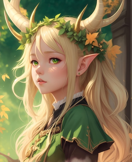 Blond haired girl with horns and green leaves on her head