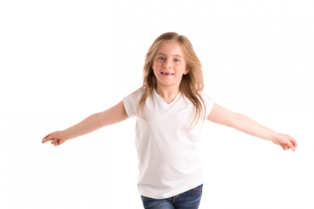 blond kid girl indented jumping high wind on hair