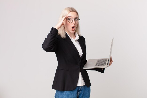 Blond pretty woman looking happy astonished and surprised and holding a laptop