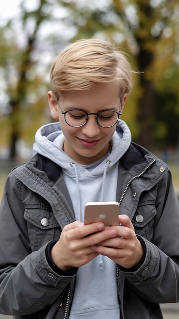 Photo blond teenager boy in a jacket and eyeglasses holds smartphone