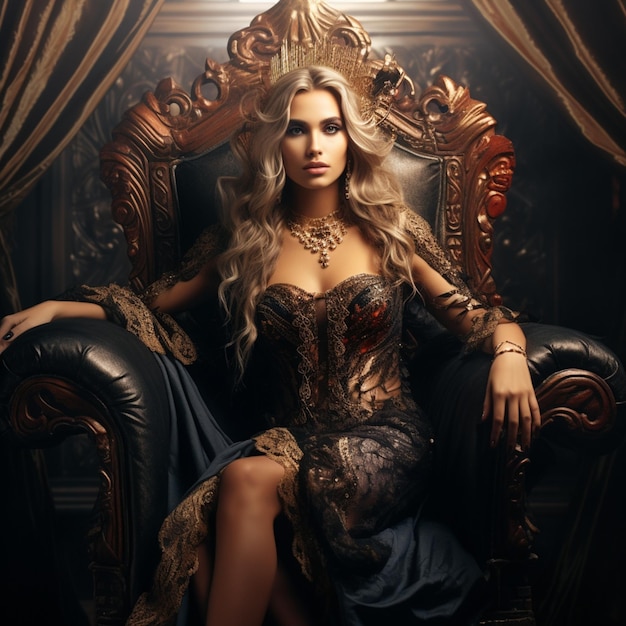 blond woman in a black dress sitting on a chair with a gold crown generative ai