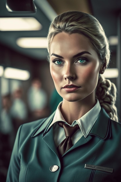 Blond woman flight attendant close up portrait