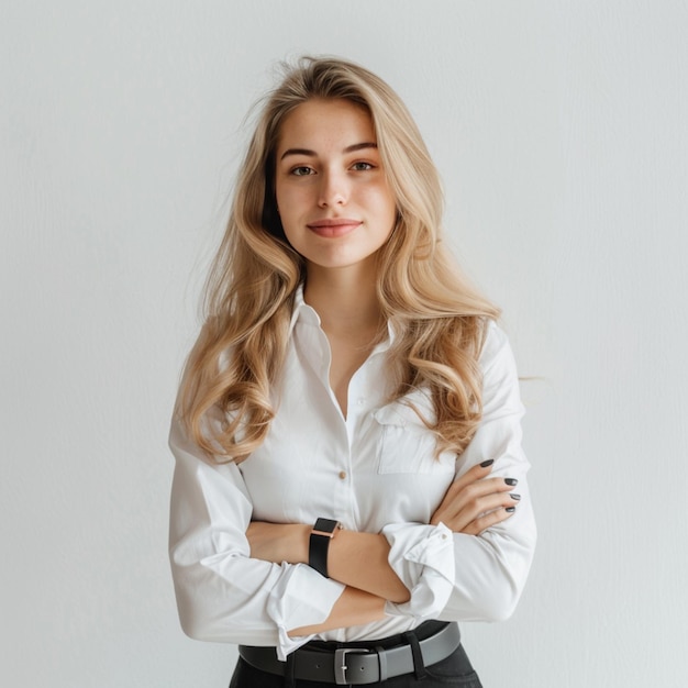 Photo blond woman in white shirt and black pants posing for a picture generative ai