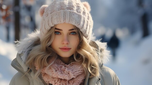 blond woman in winter coat and hat posing for a picture Generative AI