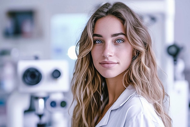 Blond woman with blue eyes and long hair in a white shirt