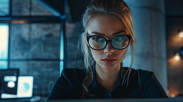 blond woman with glasses looking at computer screen in dark room generative ai