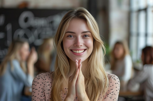 Blond woman with hands together in a cafe with other people