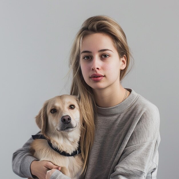 Photo blond woman with long hair holding a dog in her arms generative ai