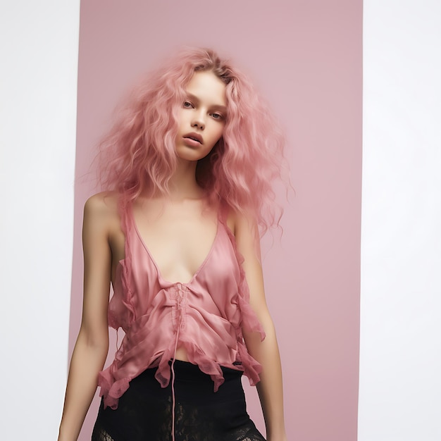 Photo blond woman with pink hair posing in front of a pink wall