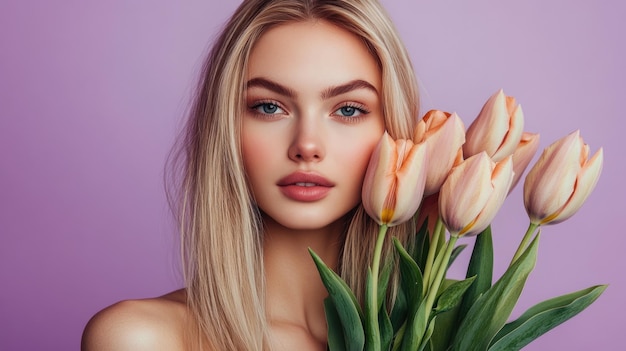 Blond Woman with Tulips Against Purple Background