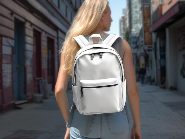 blond woman with white backpack walking down a city street generative ai