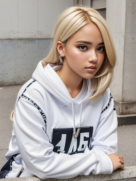 A blond young woman in a white sweat shirt