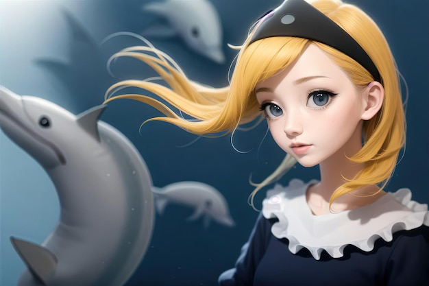 A blonde anime girl portrait dolphin illustration generative ai