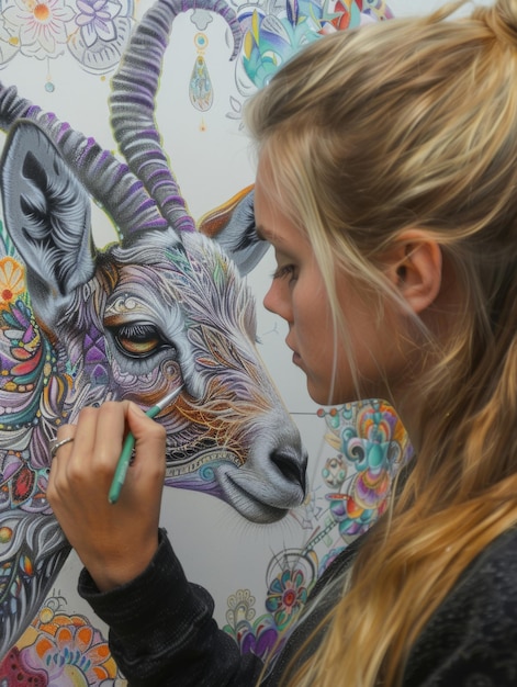 Blonde Artist painting Detailed Ethereal Animal Portrait