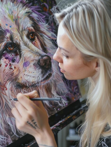 Blonde Artist painting Detailed Ethereal Animal Portrait