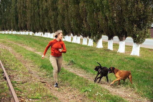 blonde on an autumn warm walk with her pet dogs of the german boxer breed