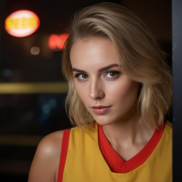 Blonde beauty in yellow shirt posing with doorway backdrop Fashion style nose ring