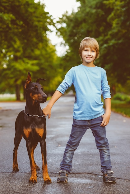 Blonde boy hugs with dobermann in summer park