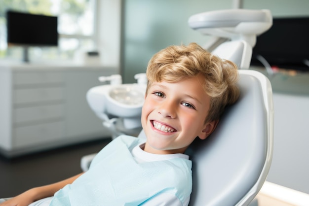 Blonde boy smiling at the dentist