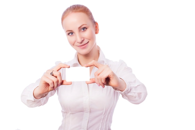 Blonde business woman manager worker smiles and shows a card. isolated on white. copy space