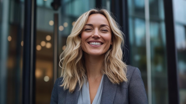 Photo a blonde businesswoman smiling to herself as she exits the corporate building feeling