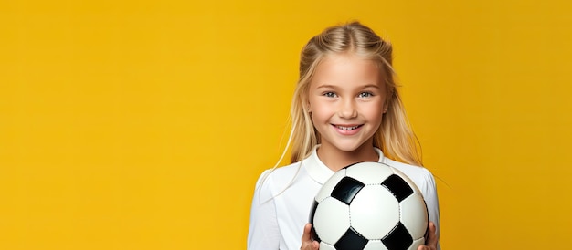 Blonde Caucasian girl holding soccer ball on yellow background kids football concept