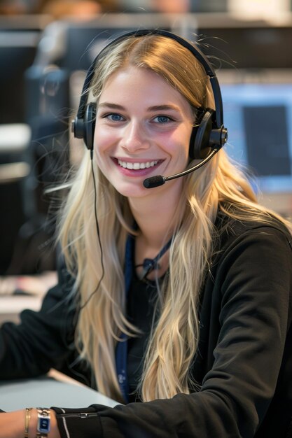 Photo blonde customer service worker with a beaming smile