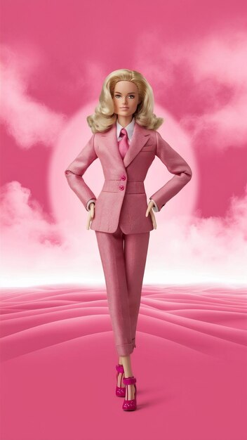 Photo blonde doll in a pink suit on a pink background