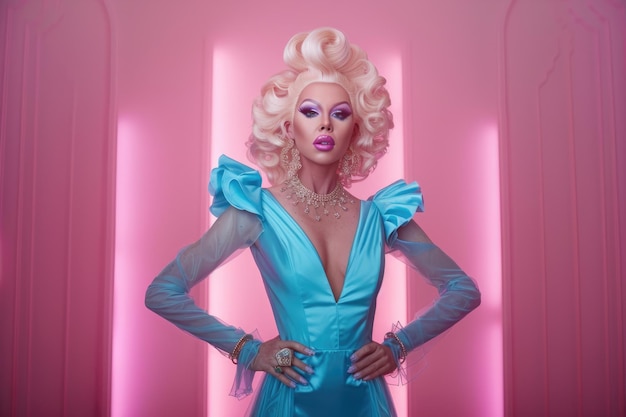 Photo blonde drag queen in blue dress standing with hands on hips and looking at camera on pink