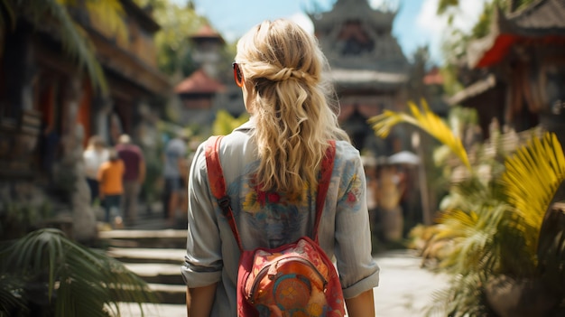 Blonde female traveler walking to rural tourism destination in Bali Indonesia