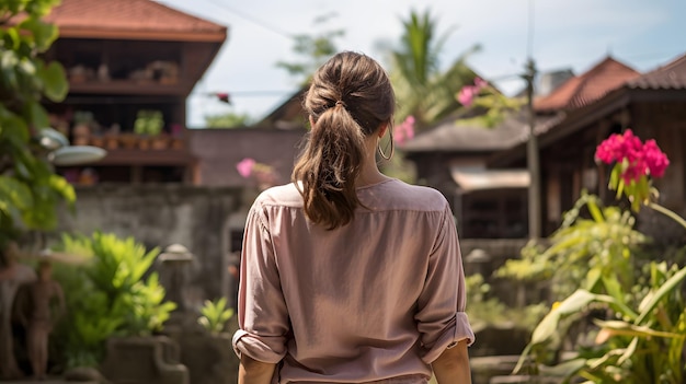 Blonde female traveler walking to rural tourism destination in Bali Indonesia