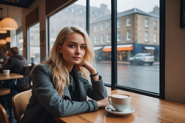 Blonde Girl in Coffee Shop by Window on a Rainy Day in Scotland