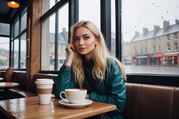 Blonde Girl in Coffee Shop by Window on a Rainy Day in Scotland