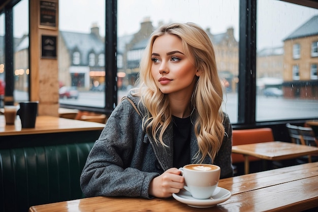 Blonde Girl in Coffee Shop by Window on a Rainy Day in Scotland