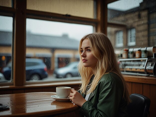 Photo blonde girl in a coffee shop near the window in a rainy day in scotland photography