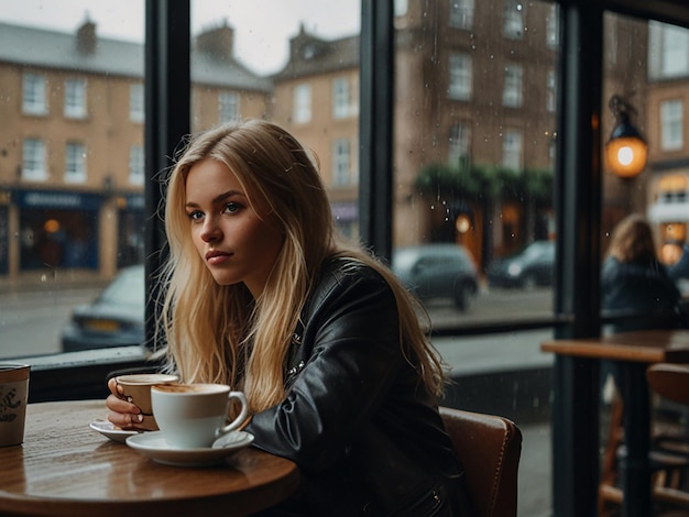 Photo blonde girl in a coffee shop near the window in a rainy day in scotland photography