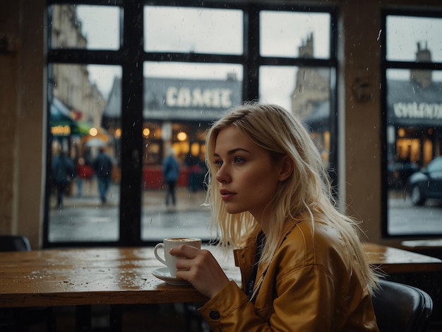 Photo blonde girl in a coffee shop near the window in a rainy day in scotland photography