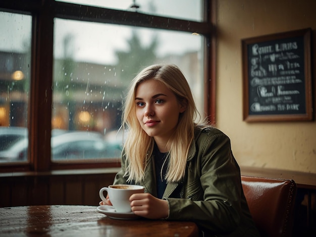 Photo blonde girl in a coffee shop near the window in a rainy day in scotland photography