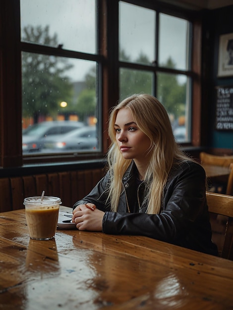 Photo blonde girl in a coffee shop near the window in a rainy day in scotland photography