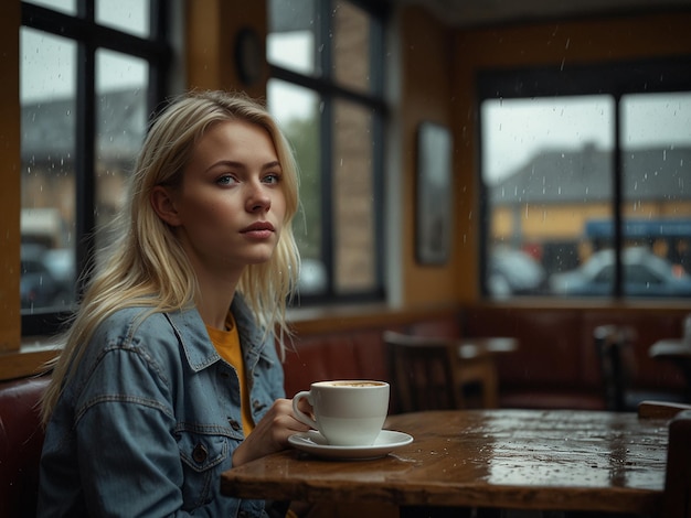 Photo blonde girl in a coffee shop near the window in a rainy day in scotland photography