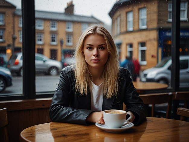 Photo blonde girl in a coffee shop near the window in a rainy day in scotland photography