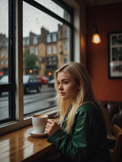 Photo blonde girl in a coffee shop near the window in a rainy day in scotland photography