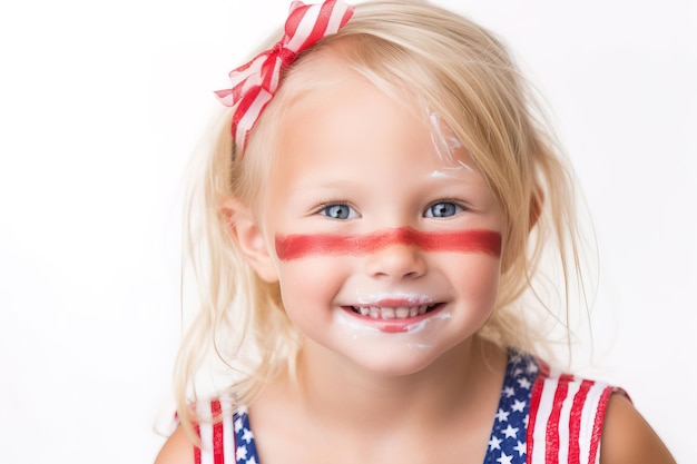 Blonde girl exudes patriotic joy USflag attire face paint Studio portrait white background