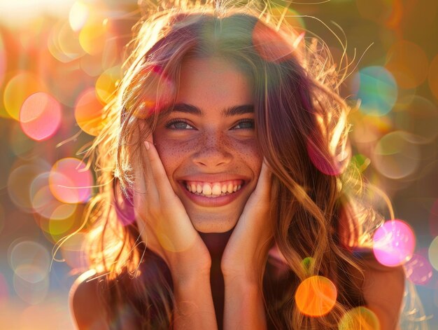 A blonde girl illuminated by lights smiling at the camera